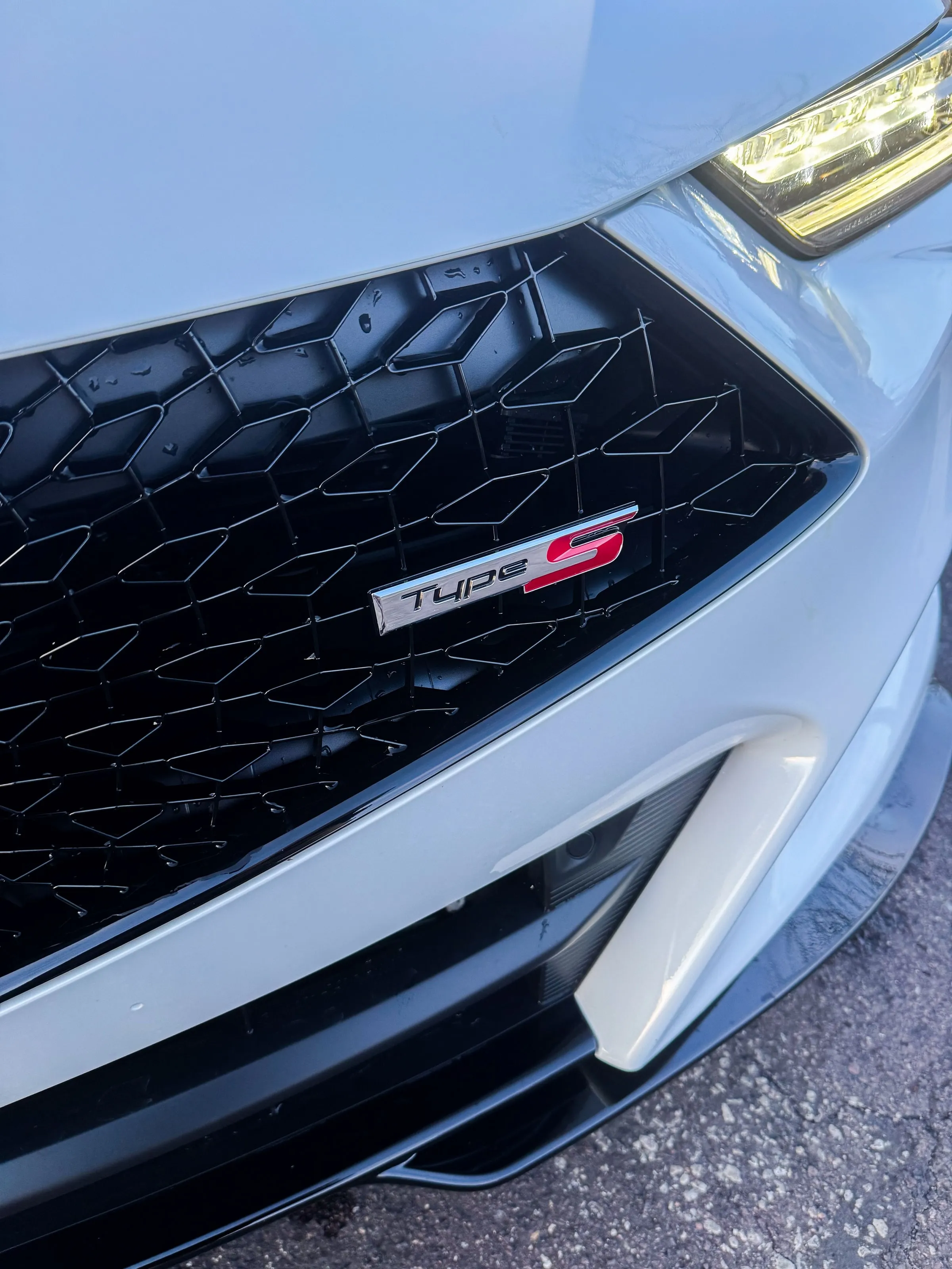 Close view of the mesh grille and Type S badge on a white Acura, every cell of the mesh clean