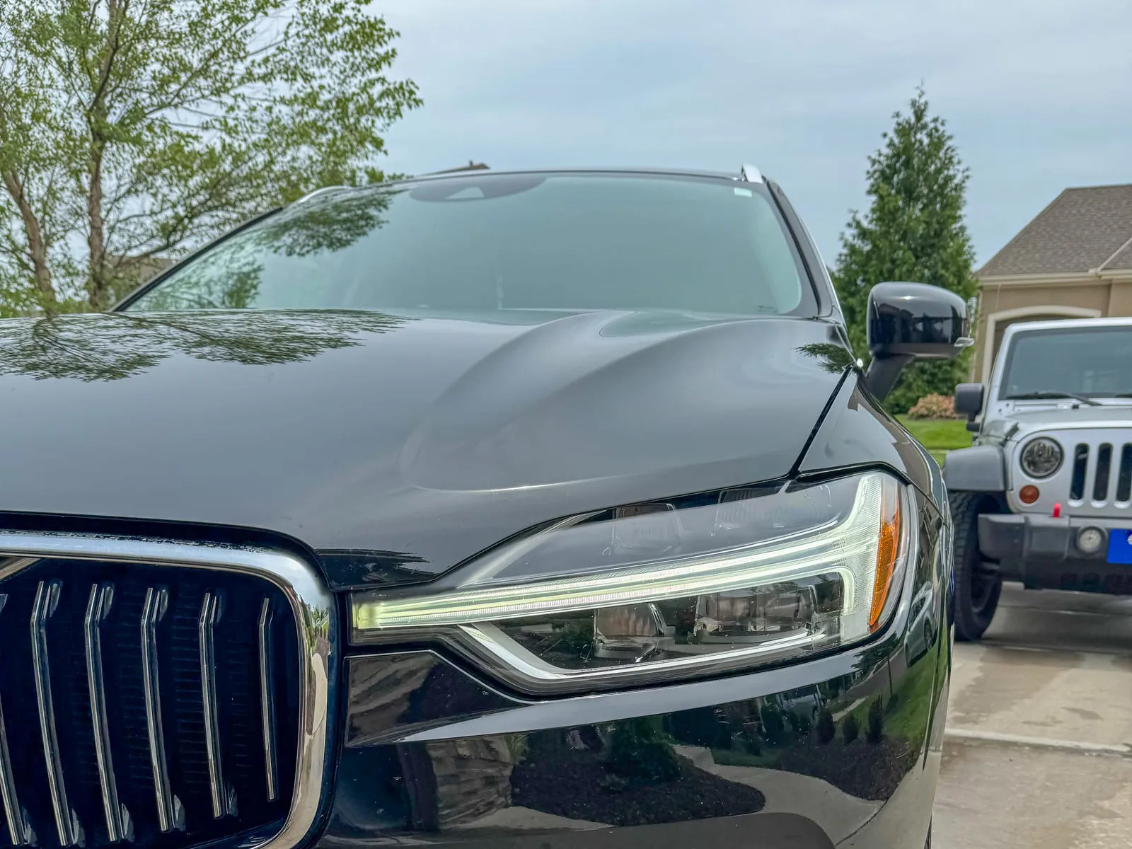 Close view of a black BMW 7 Series grille and headlight, every vane cleaned