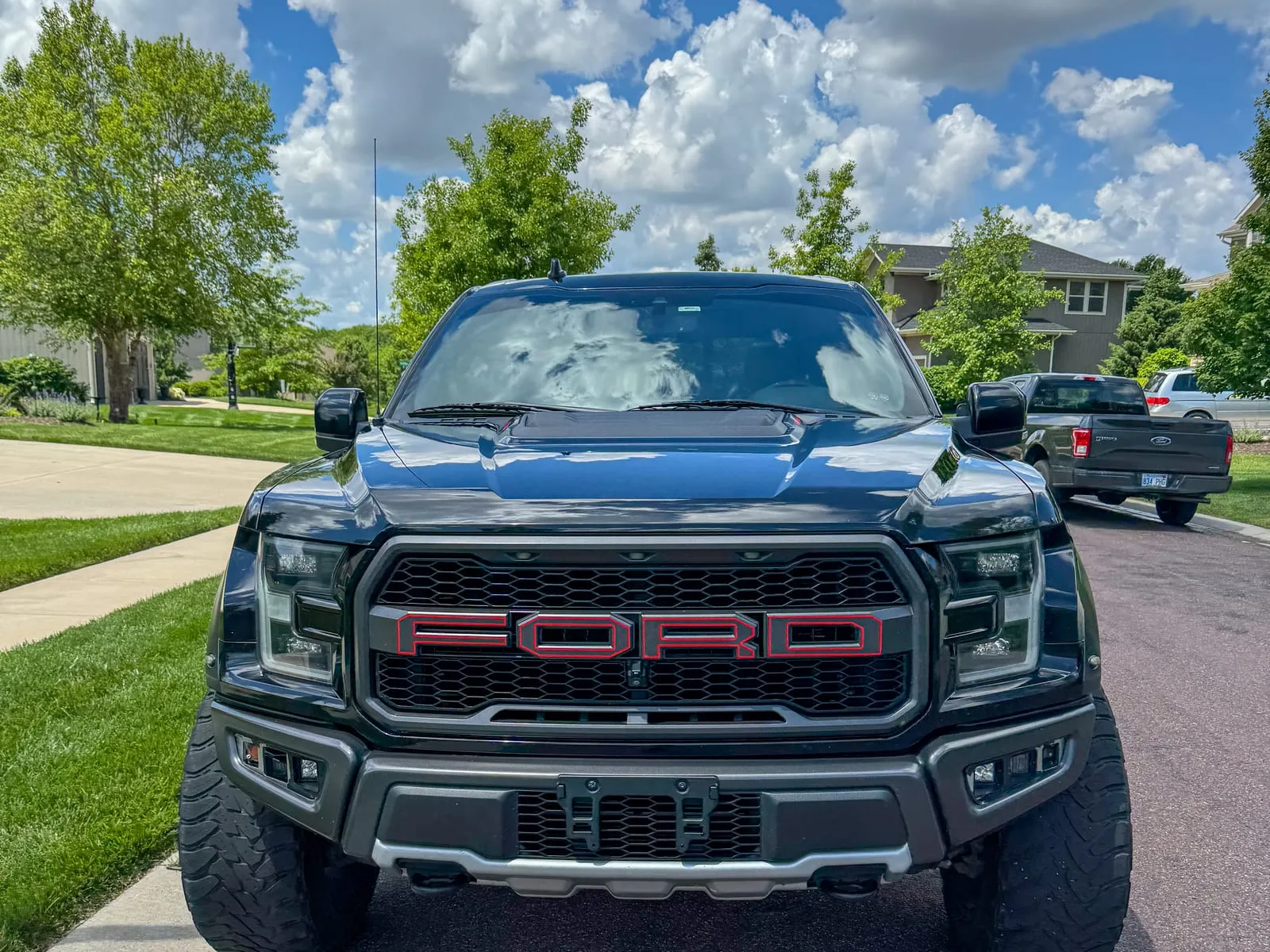 Black Ford F-150 Raptor head-on with the lettered grille cleaned, parked on a driveway