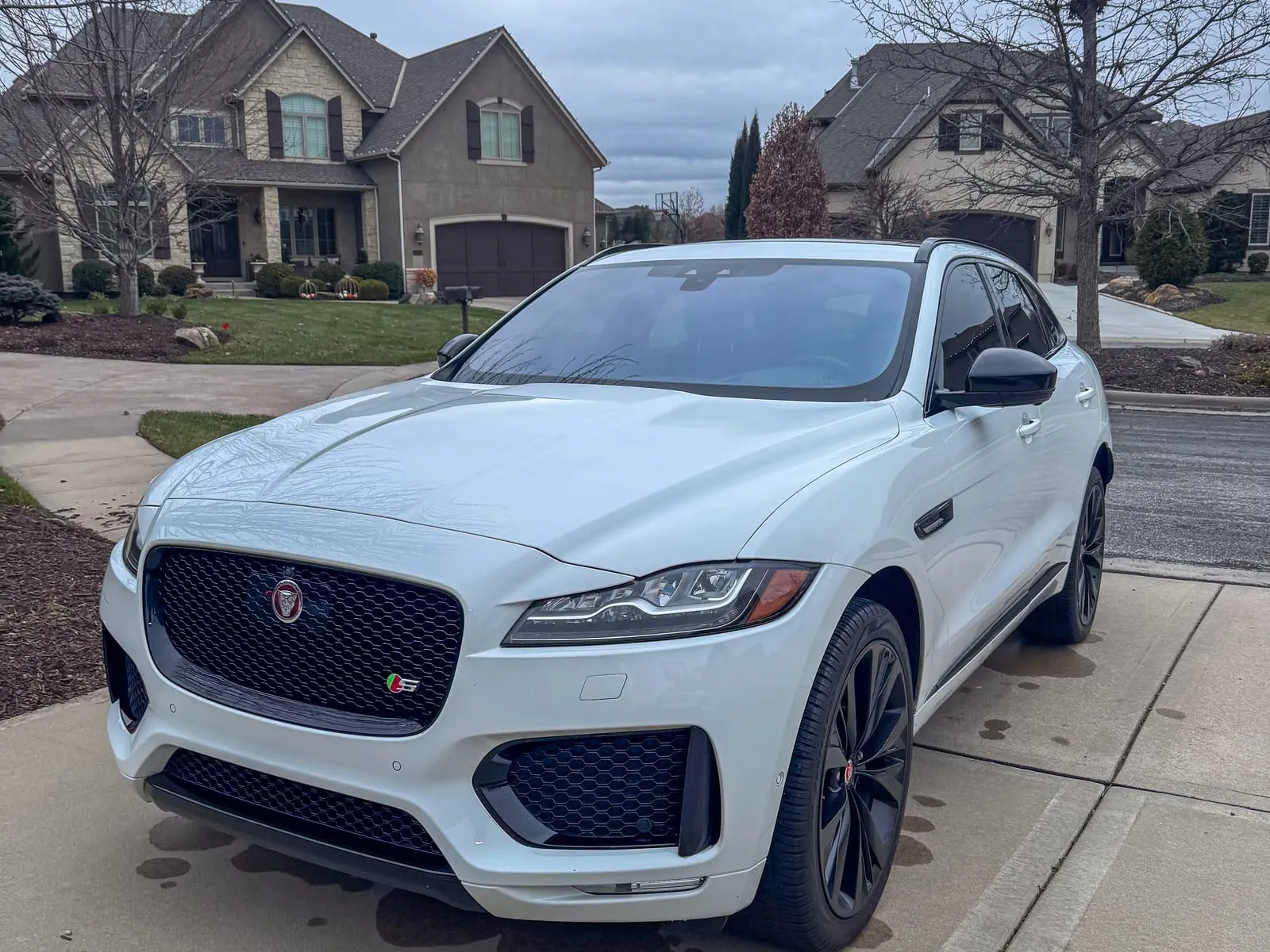 White Jaguar F-Pace at a three-quarter front angle on a driveway, wheels and grille clean